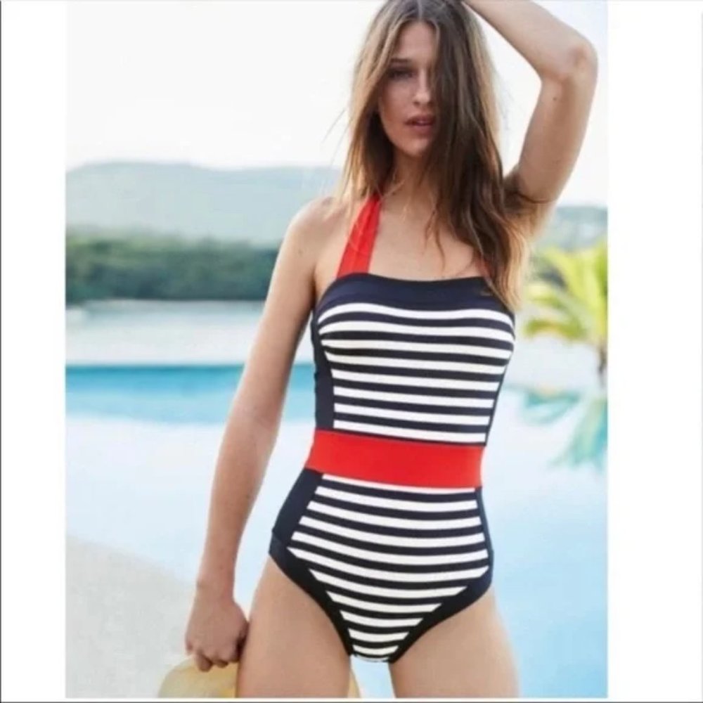 Boden santorini one piece swimsuit halter blue red white stripe shaping shelf